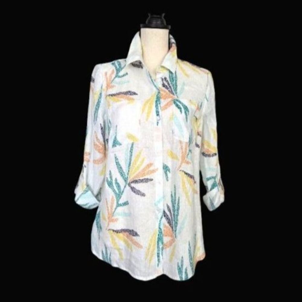 CHARTER CLUB Linen Luxury Womens Button Up Shirt M White Tropical Leaf Woven